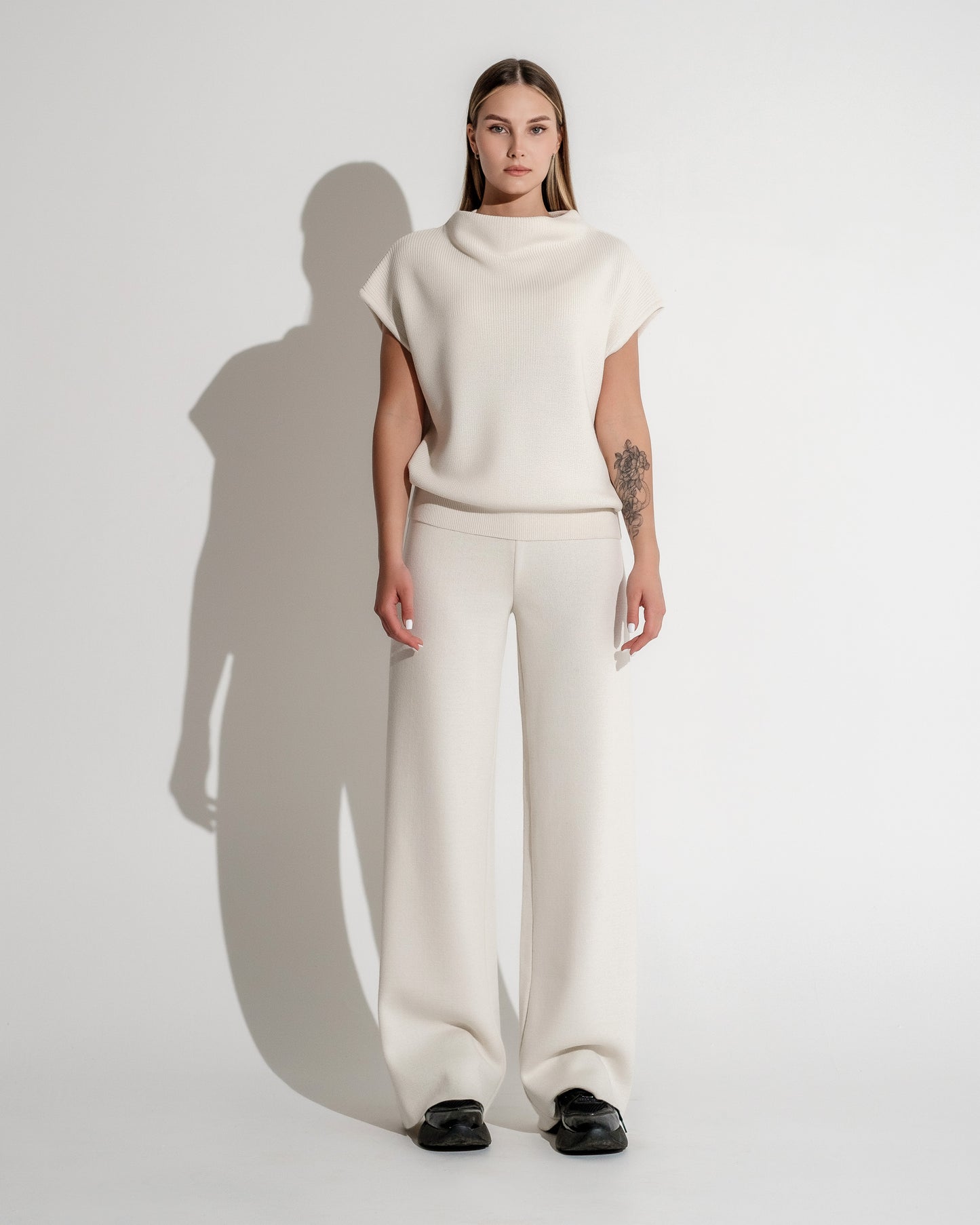 COWL VEST RIBED TRIM IN OFF WHITE