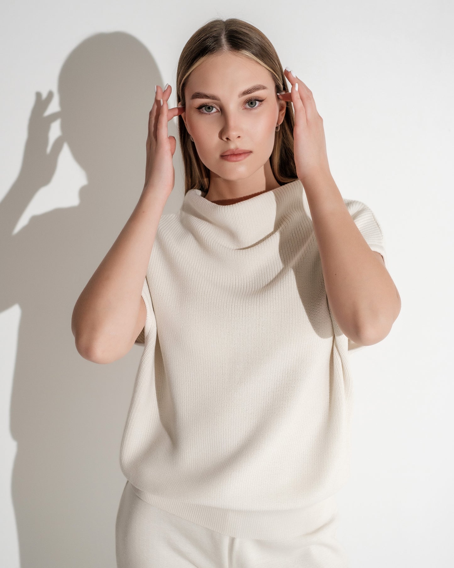 COWL VEST RIBED TRIM IN OFF WHITE