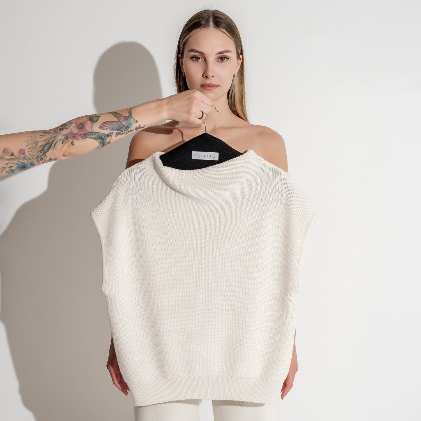 COWL VEST RIBED TRIM IN OFF WHITE